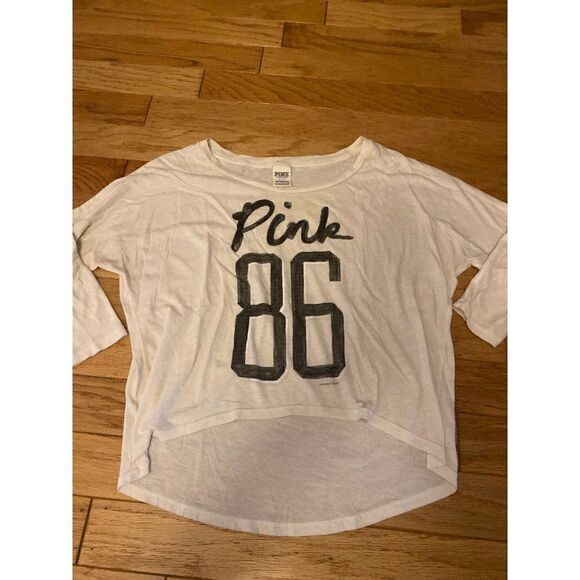 Pink Victoria's Secret off-white 3/4 sleeve casual graphic lounge t-shirt size S - Picture 1 of 8